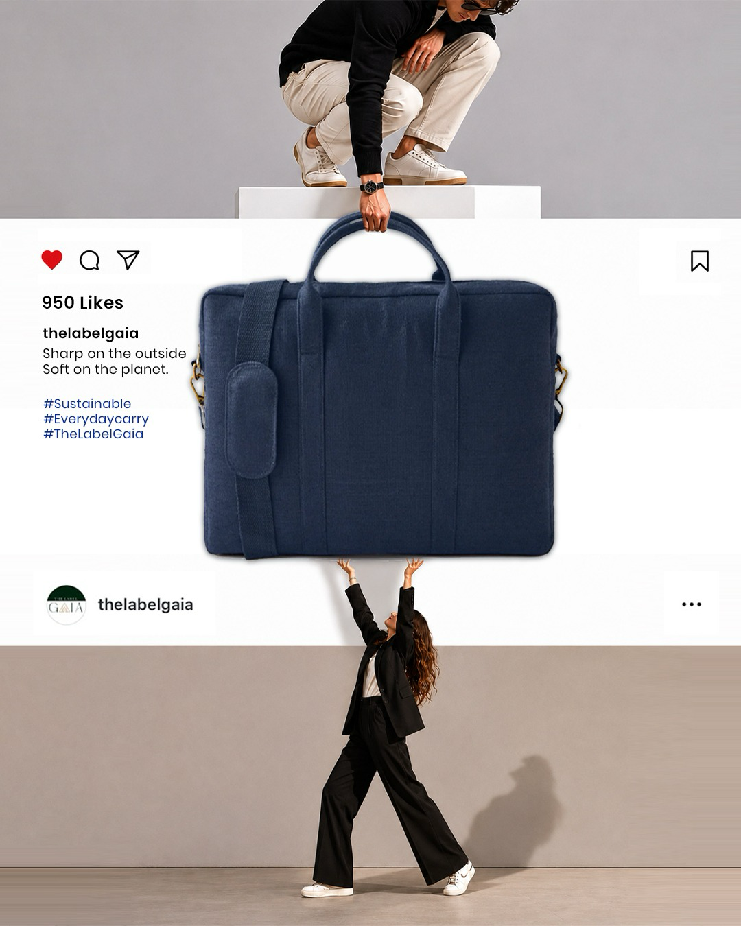 The Label Gaia hemp laptop bag ad in an Instagram post frame