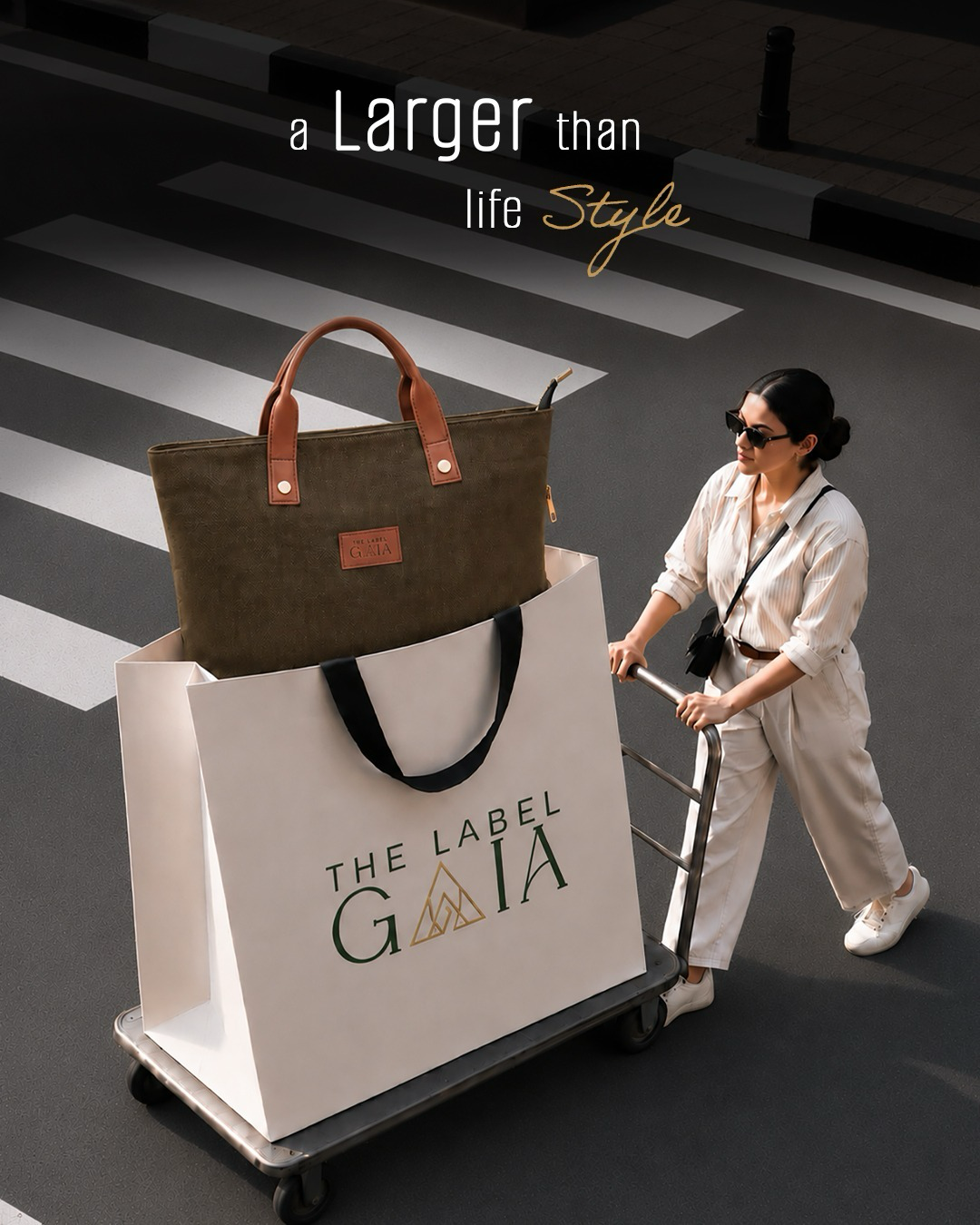 The Label Gaia hemp tote bag ad, a larger than life style