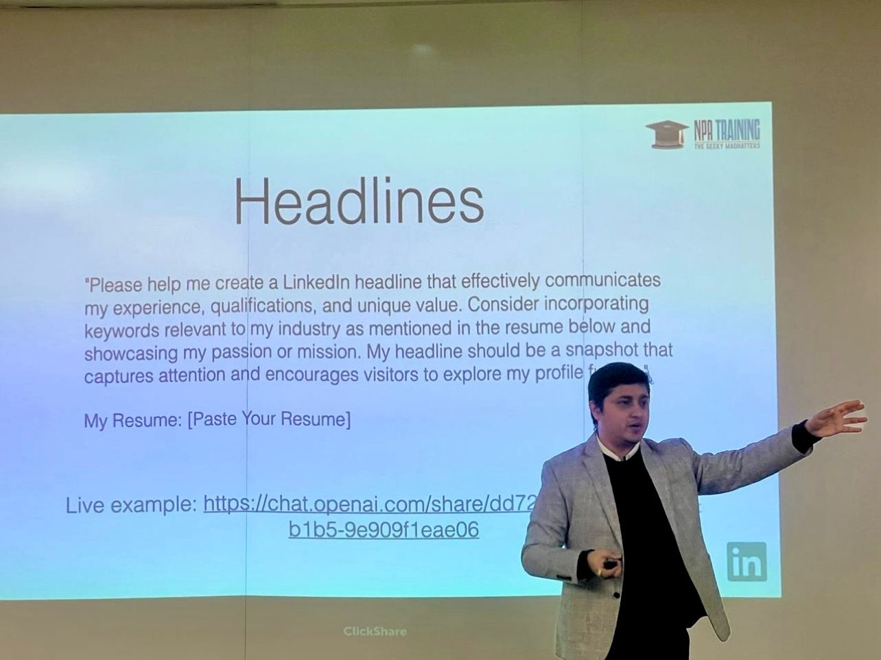 Nitin Raghani teaching a LinkedIn and AI marketing workshop under NPR Training